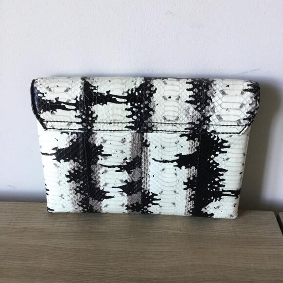 Loeffler Randall Clutch Handbag Black and White Snakeskin Embossed Leather - Picture 4 of 8